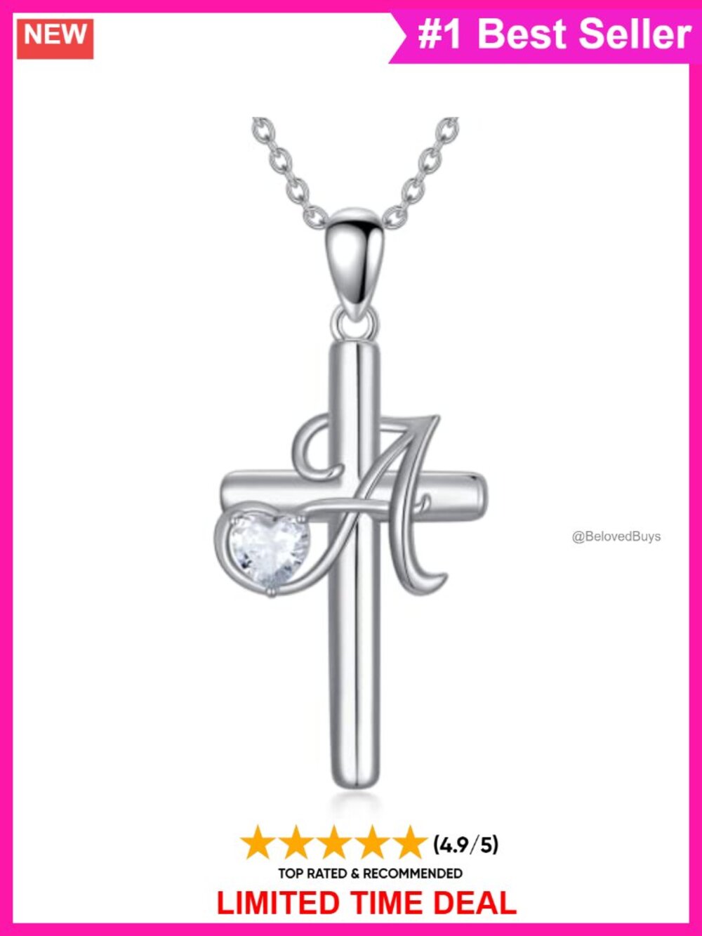 925 Sterling Silver Initial Cross Necklace Cubic Zirconia Pendant - Picture 1 of 6